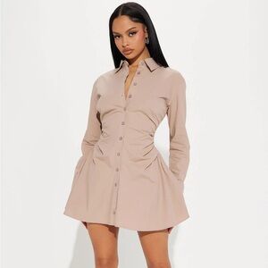 Fashion nova Tan mini dress with long sleeves and button up front